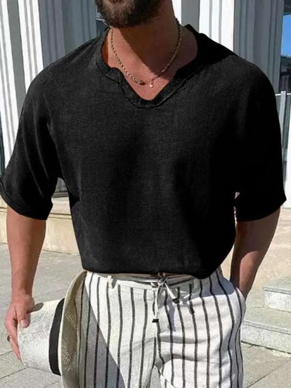 Stylish Men's Short Sleeve V-Neck Woven Top - Perfect for Every Occasion - MENLL